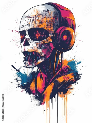 A striking digital portrait featuring a skull like figure wearing headphones with fragmented code and chaotic digital graffiti scrawled across the design photo