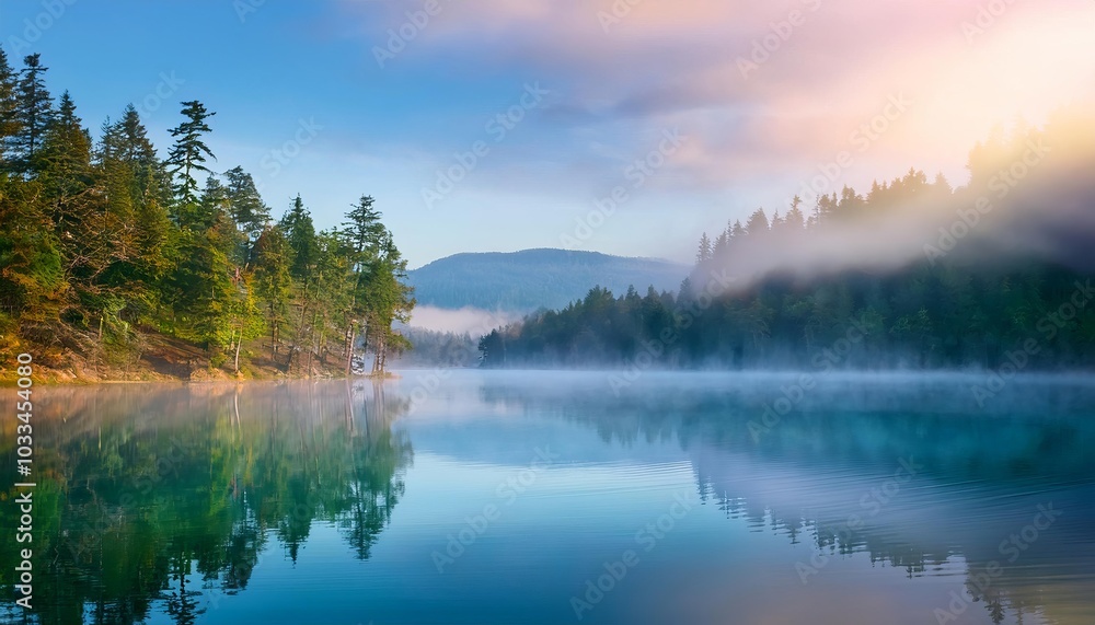 Fototapeta premium Fog covering a lake surrounded by forest at sunrise