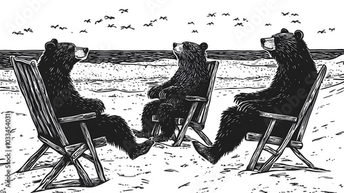 Winter Bears in Beach Chairs, playful linocut of three bears relaxing on a winter day, bold black ink on a crisp white background photo