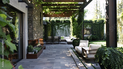 Modern Patio with Stone Wall and Pergola