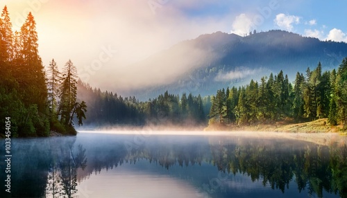 Majestic dawn breaking over mountain lake with fog covering forest