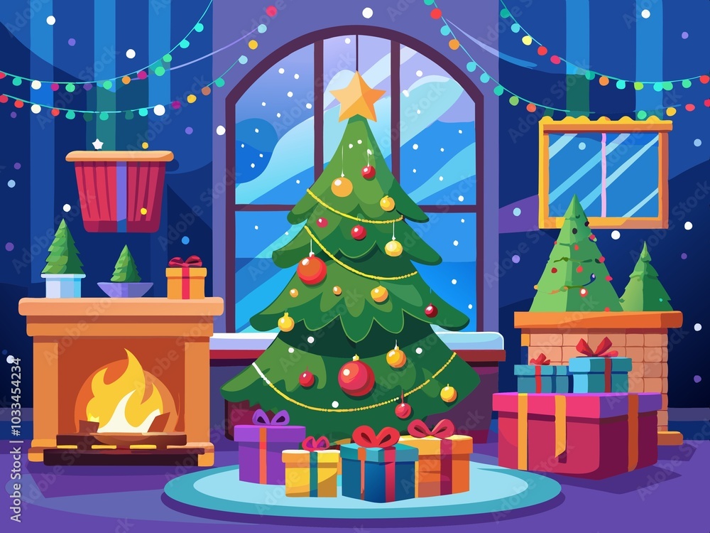 Christmas tree with presents and fireplace in front of window at night. Cartoon vector illustration
Christmas tree with presents and fireplace in front of window at night. Cartoon vector illustration