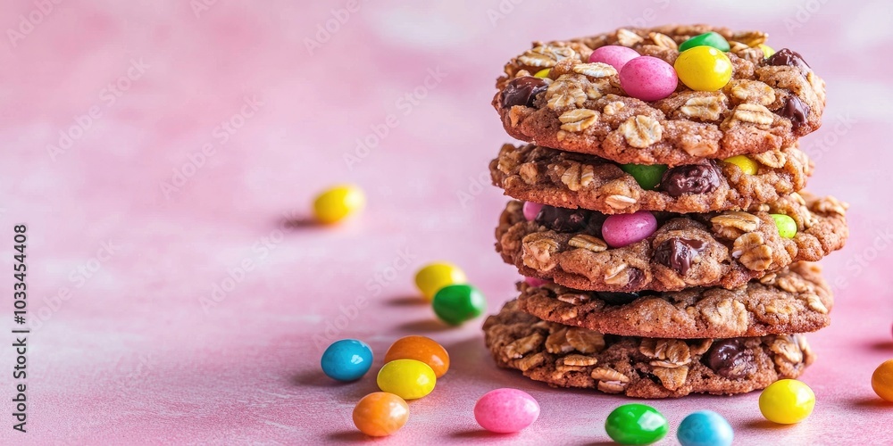 Homemade oat chocolate cookies stacked with cereal and vibrant jelly beans on a textured pink background, angled view copy space. Homemade oat chocolate cookies stacked with cereal and vibrant jelly beans on a textured pink background, angled view copy space.