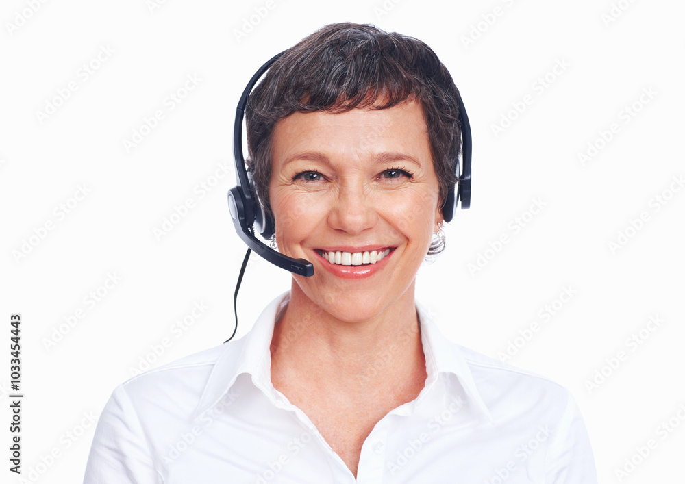 Happy woman, portrait or headset in studio for customer service, telemarketing or growth in agency. Mature agent, face or smile on white background with tech for communication at help desk in Canada Happy woman, portrait or headset in studio for customer service, telemarketing or growth in agency. Mature agent, face or smile on white background with tech for communication at help desk in Canada