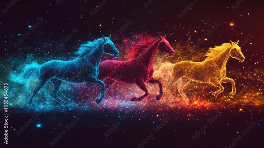 Obraz premium Horse silhouettes created by streaming betting data on screen