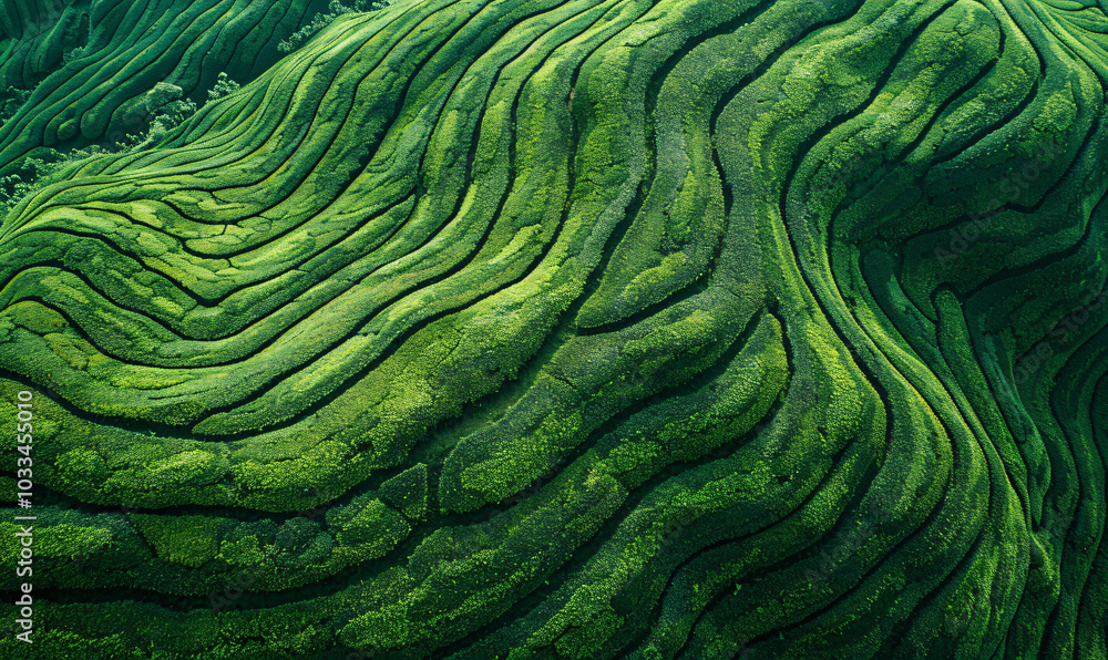 Aerial view of a tea plantation with a pattern in the shape of lines and circles on a green field background in a top down view.
Aerial view of a tea plantation with a pattern in the shape of lines and circles on a green field background in a top down view.