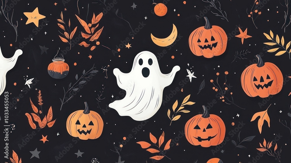 Halloween Pattern with Pumpkins, Ghosts, and Stars Halloween Pattern with Pumpkins, Ghosts, and Stars