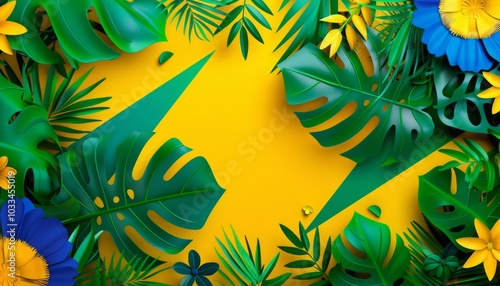 Brazil banner design featuring the Brazilian flag with geometric shapes, on a background that incorporates tropical motifs, palm leaves and flowers in the flag's colors.