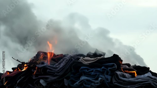 Large pile of clothing burns in an open field as thick smoke rises into the sky during a late afternoon