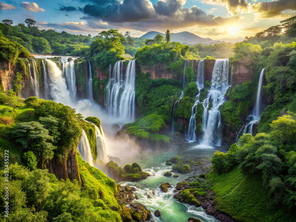 Naklejka premium Majestic waterfalls cascading down steep slopes, surrounded by lush greenery and vibrant landscapes, create breathtaking natural scene. sunlight enhances beauty of this serene environment