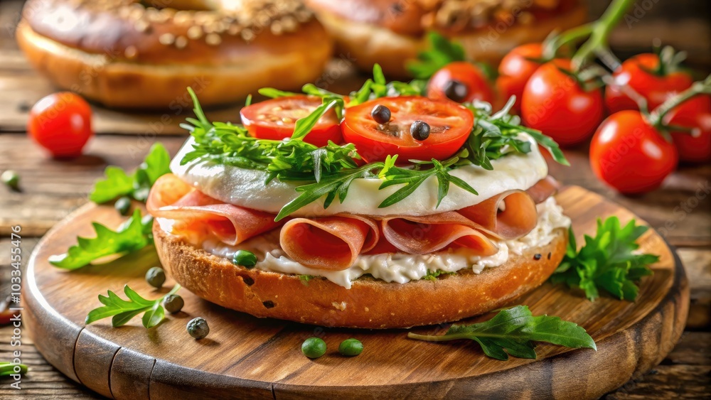 Tasty Bagel with Cured Ham, Arugula, Cream Cheese, and Tomatoes - Gourmet Breakfast, Delicious Food Photography, Fresh Ingredients, Culinary Delight, Classic Bagel Recipe Tasty Bagel with Cured Ham, Arugula, Cream Cheese, and Tomatoes - Gourmet Breakfast, Delicious Food Photography, Fresh Ingredients, Culinary Delight, Classic Bagel Recipe