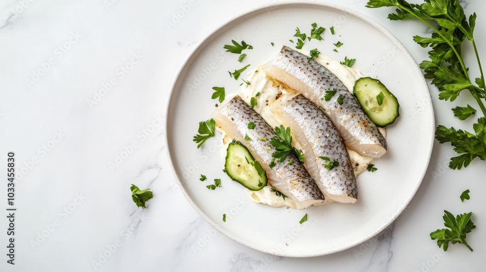 Close-up of three pieces of white fish with cucumber slices, parsley, and cream sauce on a white plate. Close-up of three pieces of white fish with cucumber slices, parsley, and cream sauce on a white plate.