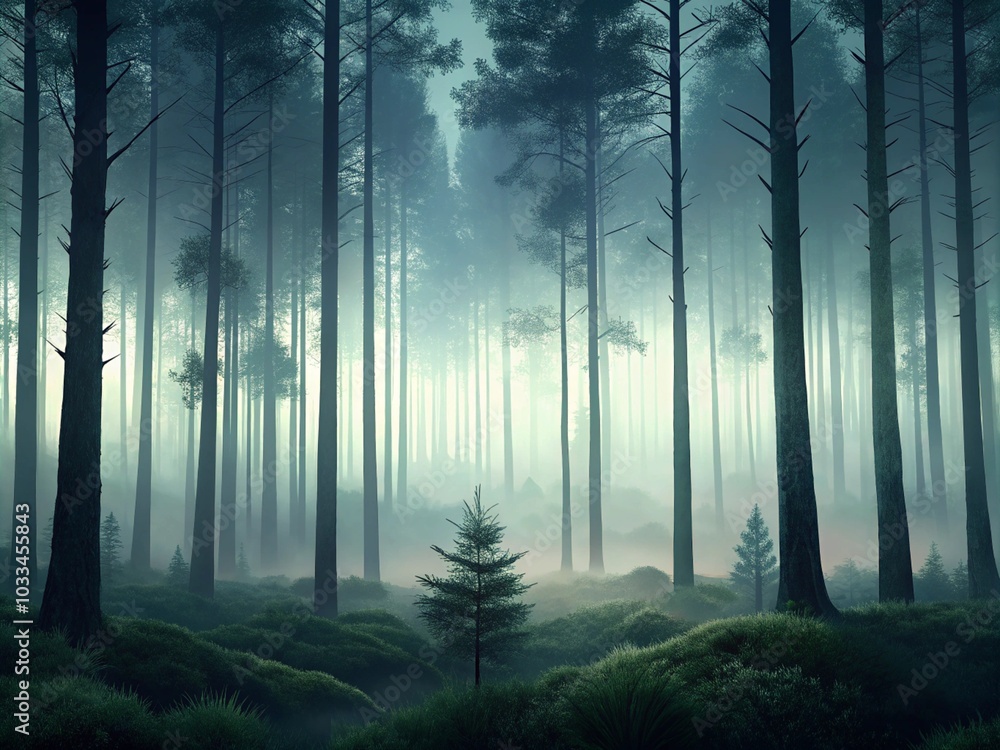 Obraz premium fog in the forest ,Forest landscape with coniferous trees and fog. Vector illustration. 