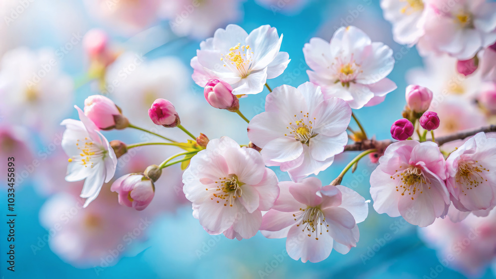 Obraz premium Delicate pink and white cherry blossoms bloom against soft blue background, creating serene and tranquil atmosphere. petals unfurl beautifully, symbolizing renewal and beauty of nature