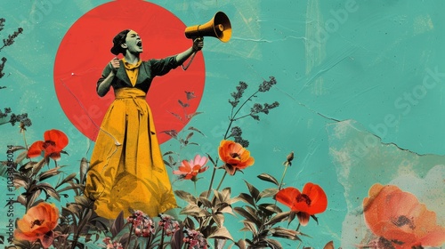 Collage of a woman holding a megaphone with flowers and bold colors. Symbolizing women's rights, activism, and empowerment