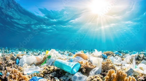 A vibrant underwater scene showcasing marine pollution, featuring plastic waste amid colorful coral reefs and sunlight filtering through.