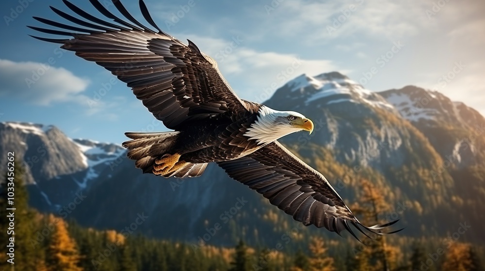 Fototapeta premium Photo shot of American bald eagle spreading wings in flight over forest
