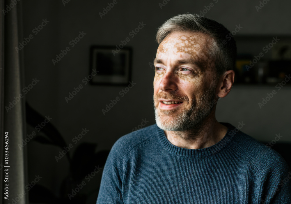 Fototapeta premium A man with a beard and unique skin patterns smiles while sitting indoors beside a window during the day