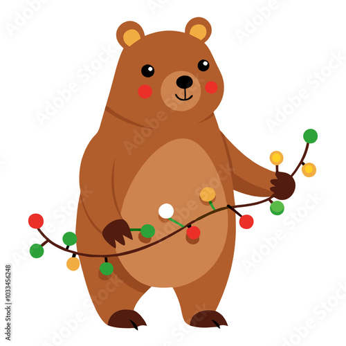  Festive Bear with Christmas Lights: A charming brown bear with rosy cheeks is pictured holding a festive branch adorned with colorful Christmas lights, perfect for a whimsical holiday card or design.