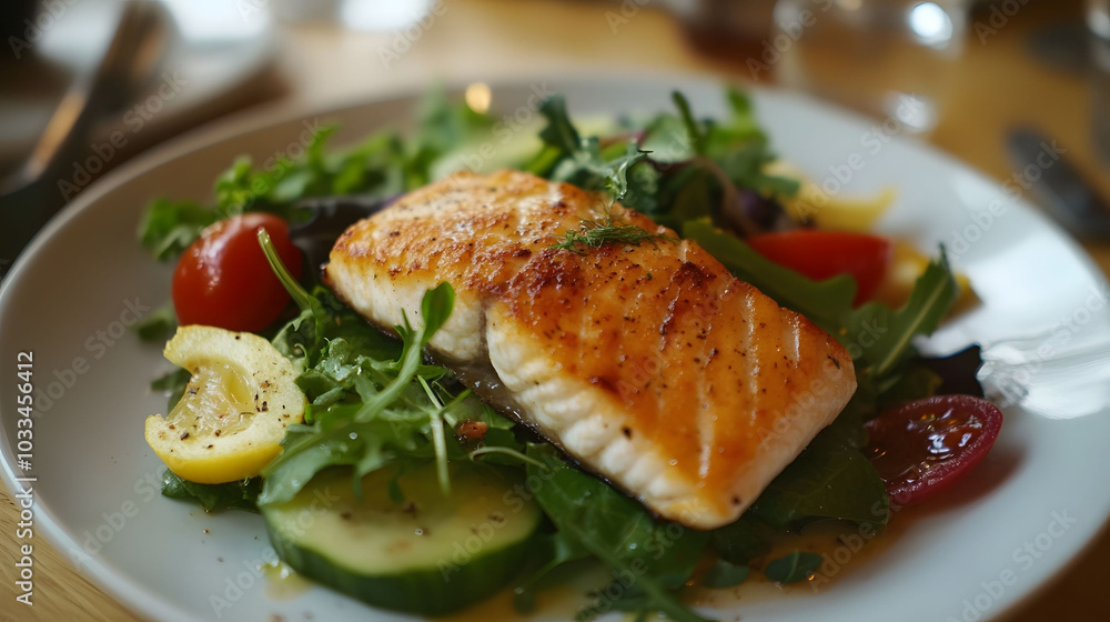 Light dinner featuring fish and green salad, embodying chrononutrition principles, emphasizing balanced and healthy eating choices Light dinner featuring fish and green salad, embodying chrononutrition principles, emphasizing balanced and healthy eating choices