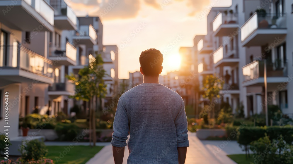 Man walking away from his apartment, excited to embrace new beginnings in his new house. Man walking away from his apartment, excited to embrace new beginnings in his new house.