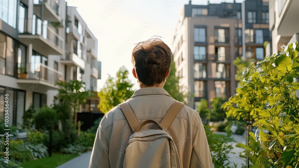 Rear view of a person leaving their apartment, stepping towards a new beginning and fresh opportunities ahead. Rear view of a person leaving their apartment, stepping towards a new beginning and fresh opportunities ahead.