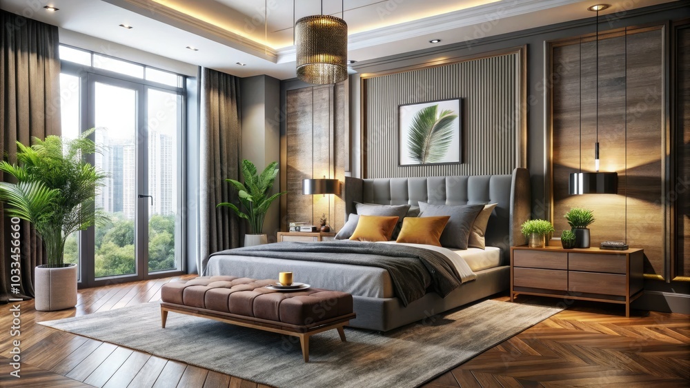 Naklejka premium Transform your bedroom into a cozy, chic retreat with modern furniture designs. Explore stylish decor ideas that effortlessly revamp your space and enhance comfort.