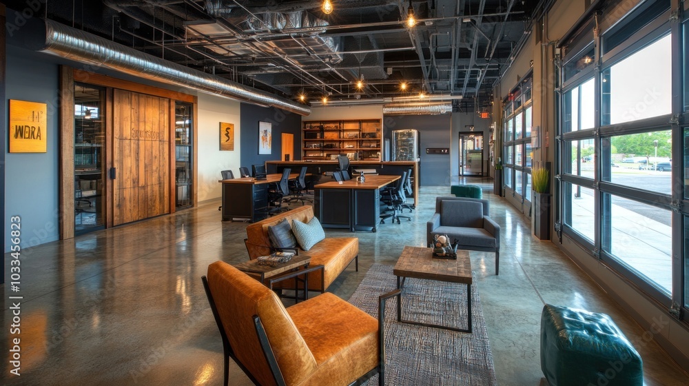 Modern office space with large windows, concrete floors, and a lounge area with comfortable furniture. Modern office space with large windows, concrete floors, and a lounge area with comfortable furniture.