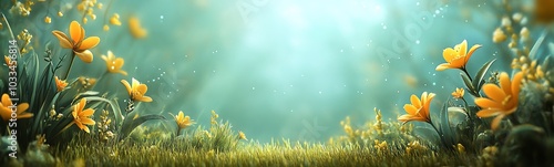 Lush green meadow filled with vibrant yellow flowers beneath soft sunlight, creating a serene and enchanting atmosphere.
