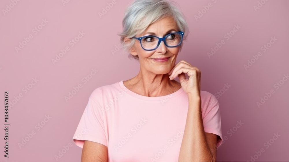 An elegant older woman with glasses and a pink shirt gazes thoughtfully into the distance, radiating wisdom and grace against a soft pink background. An elegant older woman with glasses and a pink shirt gazes thoughtfully into the distance, radiating wisdom and grace against a soft pink background.