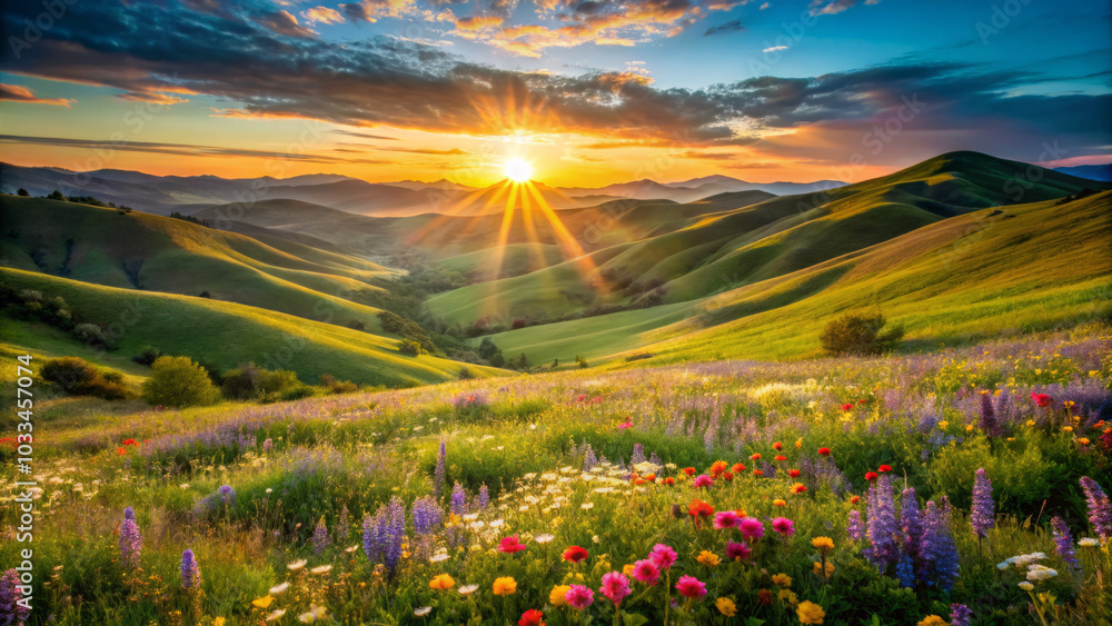 breathtaking landscape showcases vibrant wildflowers in lush green valley, illuminated by soft, warm light of setting sun. scene evokes sense of tranquility and natural beauty breathtaking landscape showcases vibrant wildflowers in lush green valley, illuminated by soft, warm light of setting sun. scene evokes sense of tranquility and natural beauty
