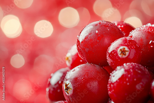 A vibrant heap of fresh red cranberries glistening with droplets against a soft bokeh background in warm hues