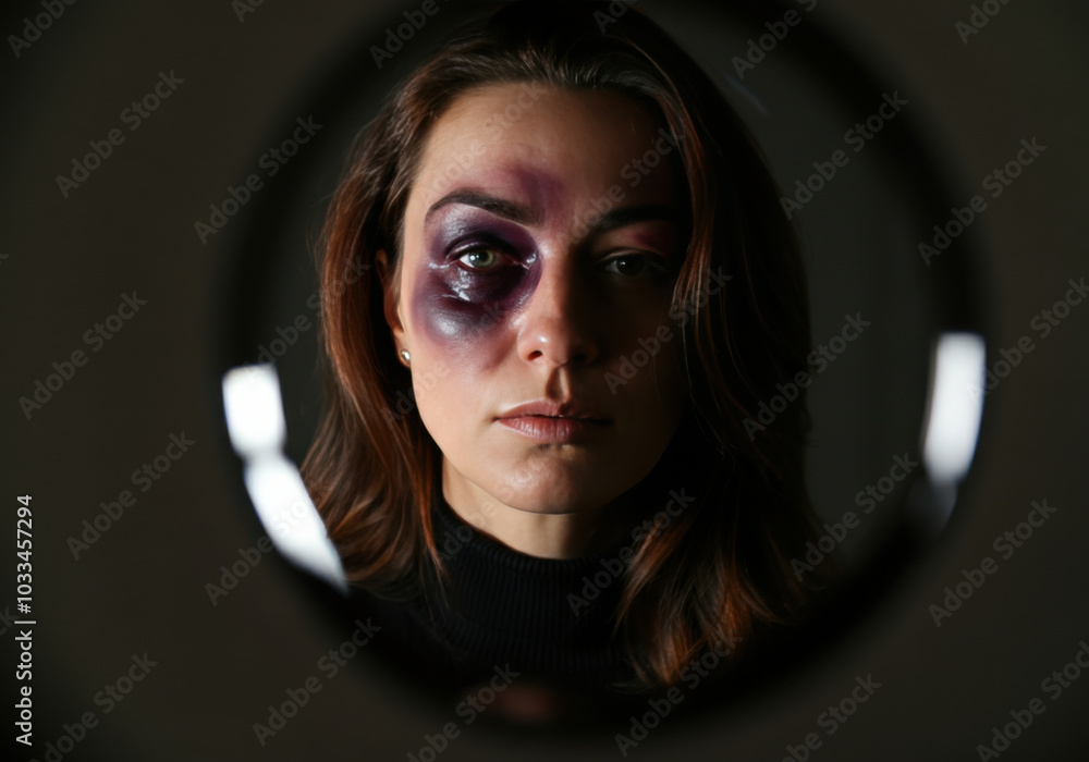 A woman with a black eye gazes through a circular frame in a dimly lit space, reflecting pain and resilience in her expression A woman with a black eye gazes through a circular frame in a dimly lit space, reflecting pain and resilience in her expression