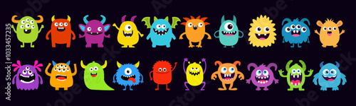 Monster set line. Colorful silhouette monsters. Happy Halloween. Cute kawaii cartoon funny boo character. Different face. Teeth, eyes, horns, hands. Childish style. Flat design Black background Vector