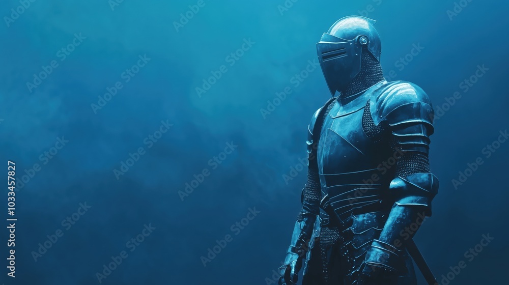 Fototapeta premium Knight in armor, standing in blue mist, dramatic lighting, medieval theme