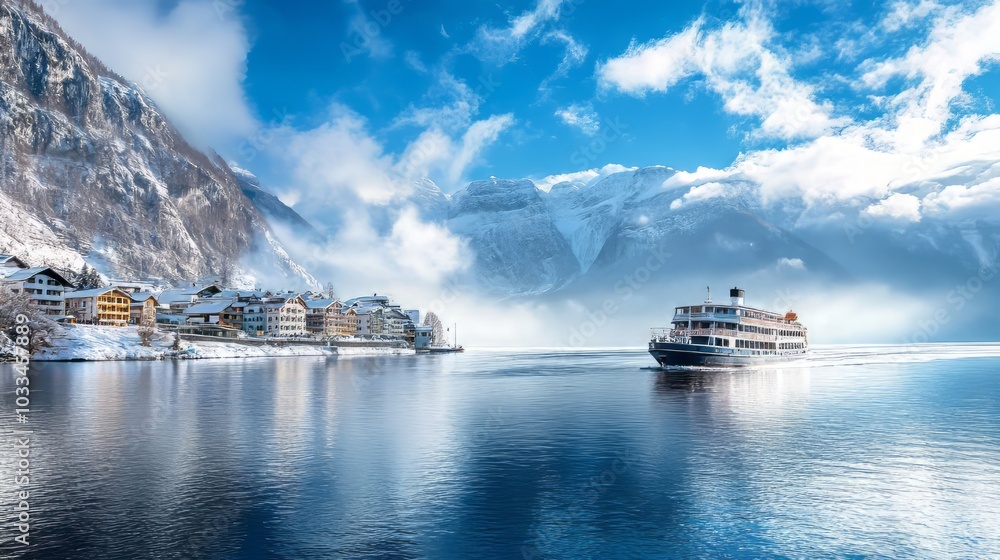 Winter classic postcard view of the enchanting hallstatt lakeside town in the austrian alps featuring a traditional passenger ship against a stunning cold sunny day with clear blue skies and fluffy wh Winter classic postcard view of the enchanting hallstatt lakeside town in the austrian alps featuring a traditional passenger ship against a stunning cold sunny day with clear blue skies and fluffy wh