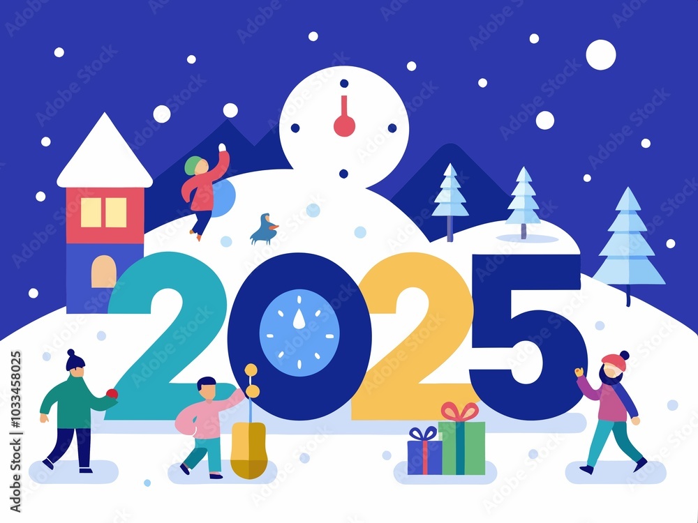 Happy New Year and Merry Christmas. Winter landscape with people, houses, trees and snowflakes. Vector illustration.
Happy New Year and Merry Christmas. Winter landscape with people, houses, trees and snowflakes. Vector illustration.