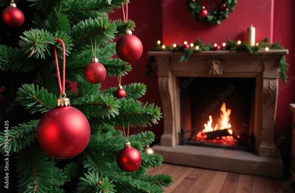 A festive living room featuring a beautifully decorated christmas tree adorned with red ornaments, beside a glowing fireplace. garland and candles add to the warmth and holiday spirit of the scene. A festive living room featuring a beautifully decorated christmas tree adorned with red ornaments, beside a glowing fireplace. garland and candles add to the warmth and holiday spirit of the scene.