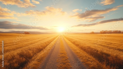 A long dirt road stretches towards the horizon, bathed in the warm glow of the setting sun. The sky is filled with colorful clouds, creating a beautiful and inspiring scene.