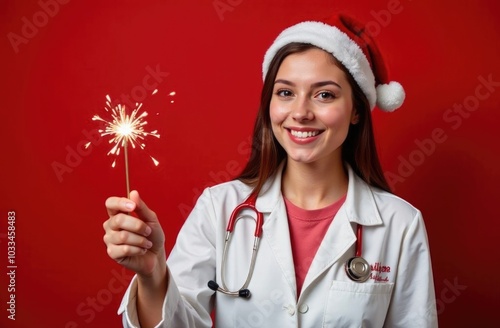 A cheerful female doctor in a christmas hat holds a sparker, embodying holiday spirit in a medical context. the red background enhances the festive atmosphere, merging professionalism  photo