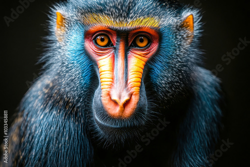 A vibrant monkey portrait showcasing detailed facial features in a natural habitat during daylight