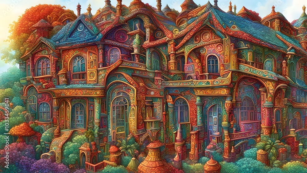 Obraz premium Ornate, Multi-Story Mansion with Vibrant Colors and Intricate Details