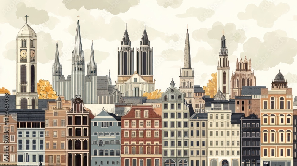 A picturesque illustration of an European city skyline with various architectural styles and details. A picturesque illustration of an European city skyline with various architectural styles and details.
