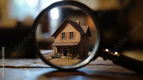 Miniature house viewed through magnifying glass, detailed craftsmanship, warm lighting