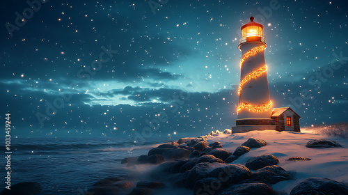 Lighthouse Christmas Lights on Snowy Coastline at Night
