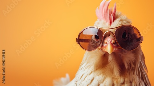 Chicken wearing sunglasses isolated on solid color background, copy space for text.