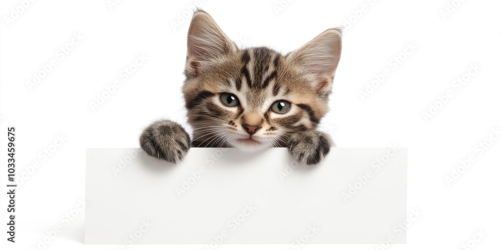 A winking kitten holds a sales symbol behind a blank white banner. There is empty space for text. Isolated on a white background. A winking kitten holds a sales symbol behind a blank white banner. There is empty space for text. Isolated on a white background.