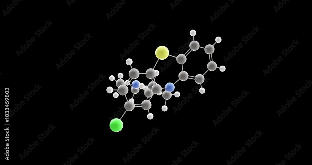 Chlorpromazine molecule, rotating 3D model of antipsychotic, looped video on a black background Chlorpromazine molecule, rotating 3D model of antipsychotic, looped video on a black background