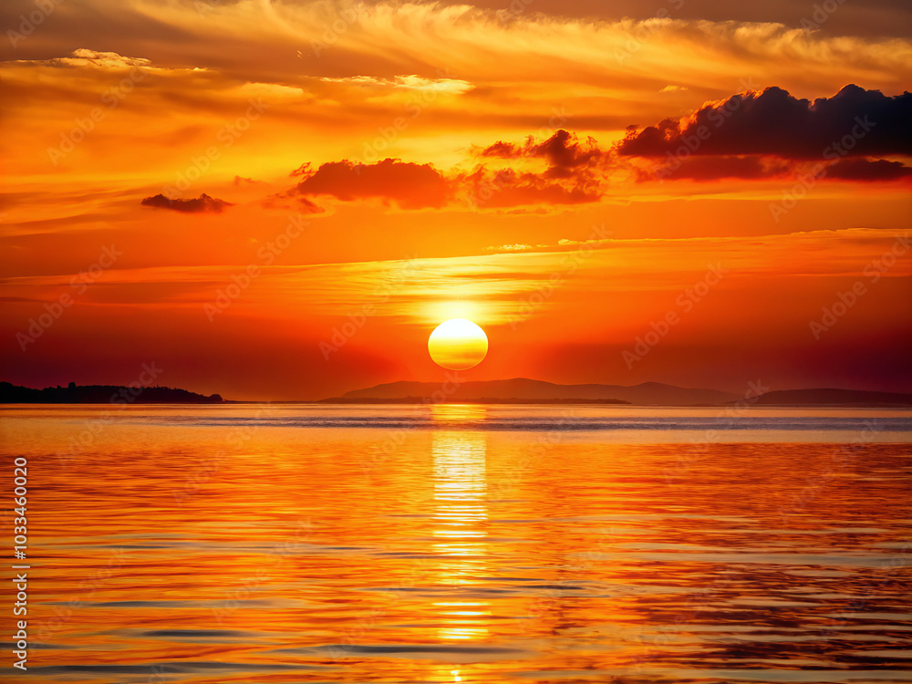 stunning sunset paints sky in vibrant orange hues, reflecting beautifully on calm water. serene atmosphere evokes sense of peace and tranquility stunning sunset paints sky in vibrant orange hues, reflecting beautifully on calm water. serene atmosphere evokes sense of peace and tranquility