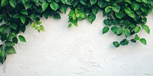 Vibrant green leaves and a white wall